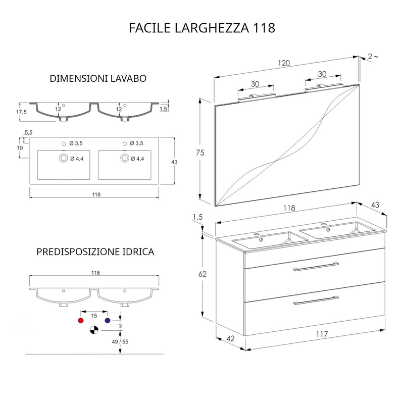 Mobile Bagno Sospeso 118 cm Doppio Lavabo e Specchio Bonussi Tucano Olmo-3