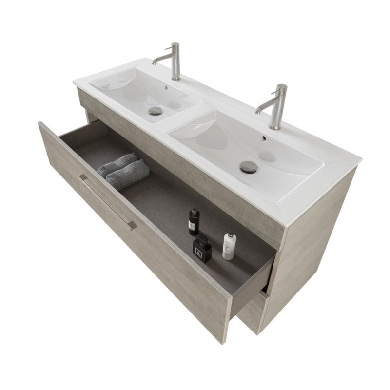 Mobile Bagno Sospeso 118 cm Doppio Lavabo e Specchio Bonussi Tucano Cemento Effetto Legno-3