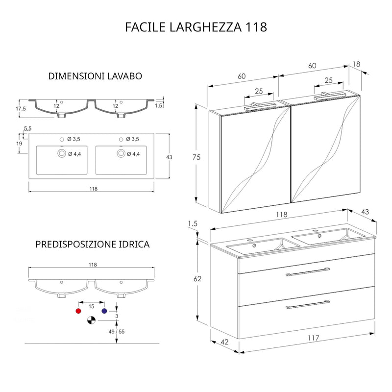 Mobile Bagno Sospeso 118 cm Doppio Lavabo e Specchio Bonussi Tucano Cemento Effetto Legno-5