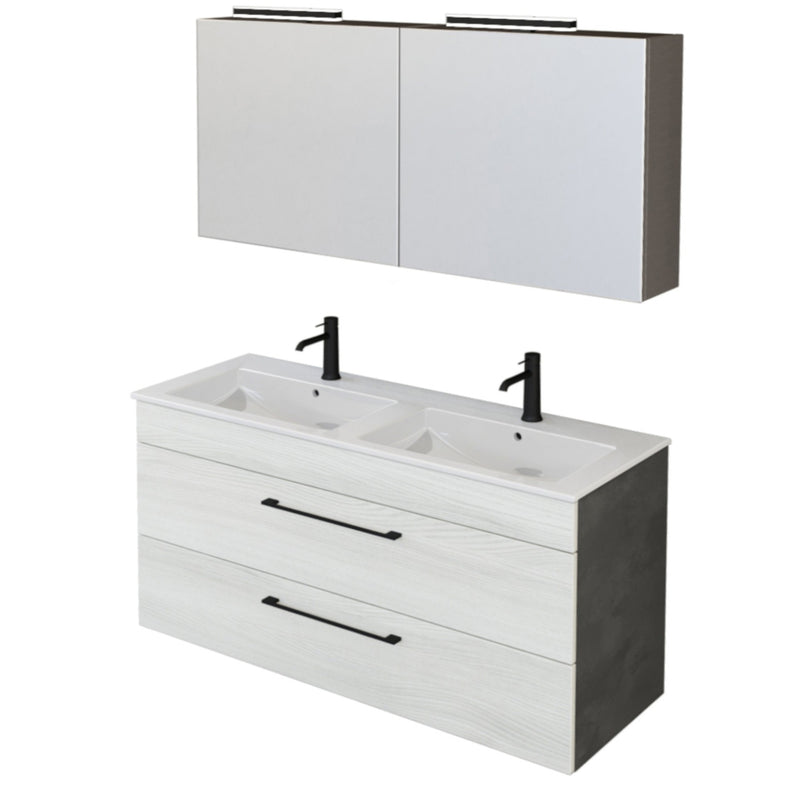 Mobile Bagno Sospeso 118 cm Doppio Lavabo e Specchio Bonussi Tucano Olmo e Lava-1