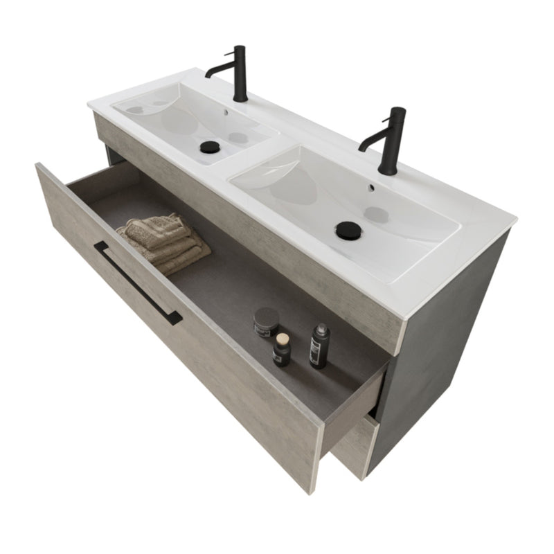 Mobile Bagno Sospeso 118 cm Doppio Lavabo e Specchio Bonussi Tucano Cemento Effetto Legno-3