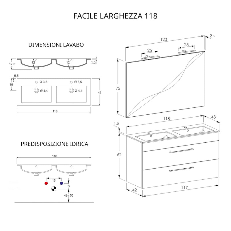 Mobile Bagno Sospeso 118 cm Doppio Lavabo e Specchio Bonussi Tucano Cemento Effetto Legno-4