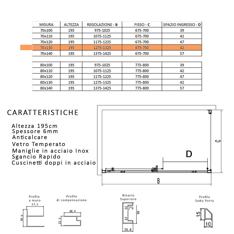 Box Doccia Angolare 70x130 cm 1 Anta Scorrevole in Cristallo Trasparente Bonussi Eliane Varie Misure-7