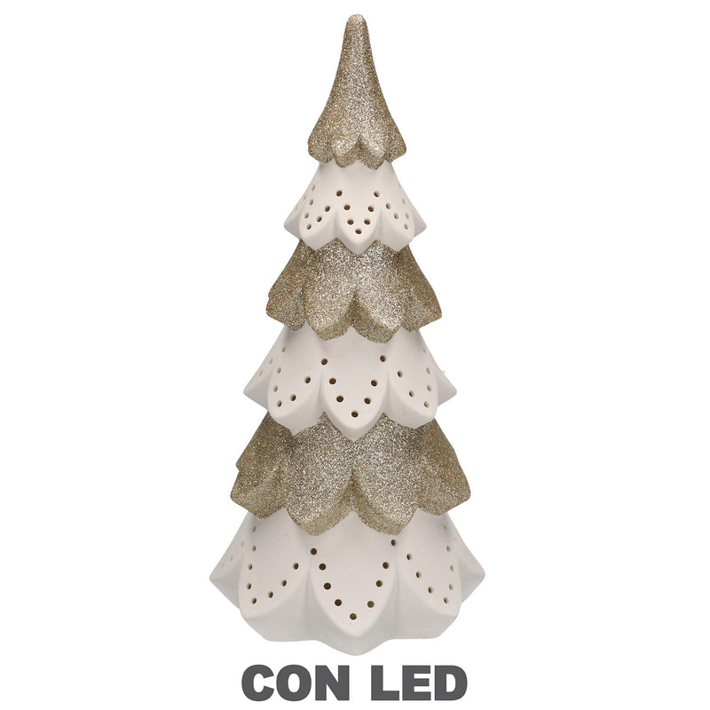 Albero di Natale in ceramica bianco oro con Led cm Ø14xh29-1