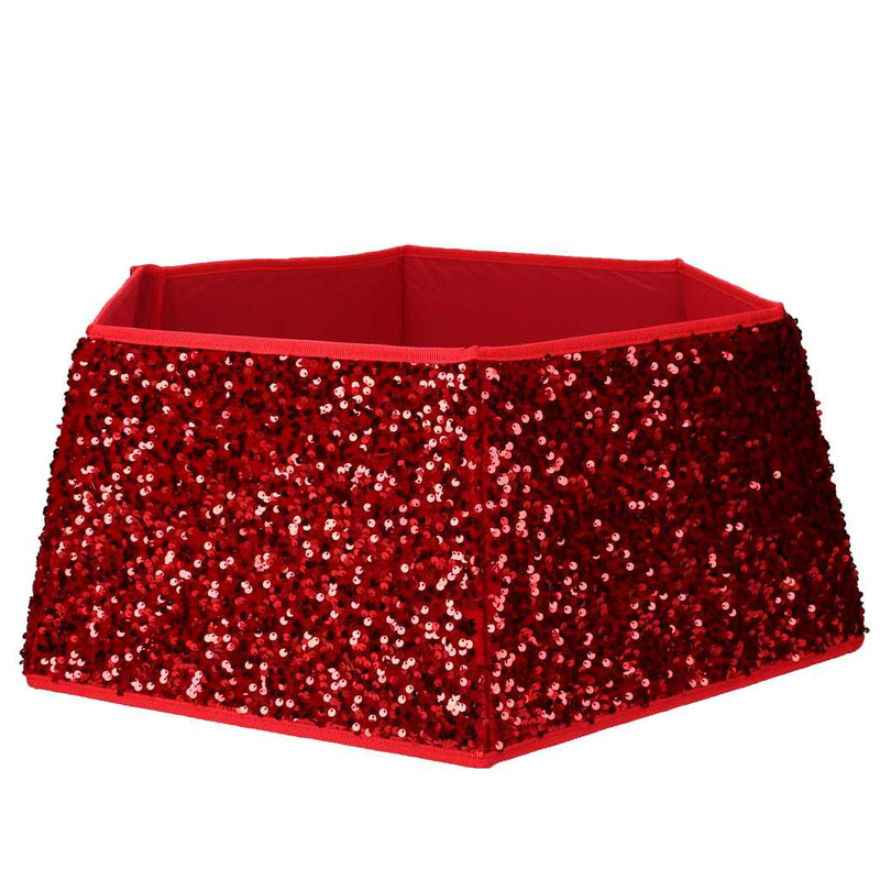 Copri base albero tessuto pieghevole rosso double face esagonale glitter cm Ø68xh25-1