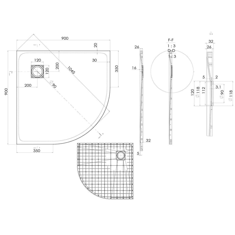 Piatto Doccia Semicircolare 90x90 cm in Acrilico Fosterberg Azalea 4 Tortora-4