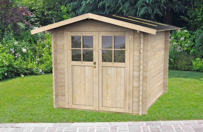 Casetta Box da Giardino per Attrezzi 215x180 cm con Porta Doppia Finestrata in Legno Naturale-2