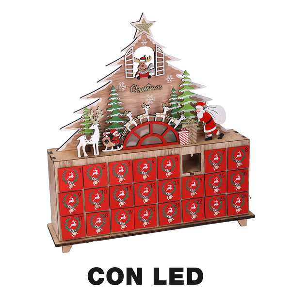 Calendario dell'Avvento in Legno con Led albero rosso cm 31x8xh34,5 sconto