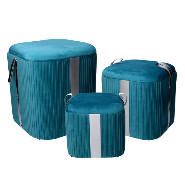 Set 3 Pouf Contenitore in Tessuto Velluto Turchese – acquista su