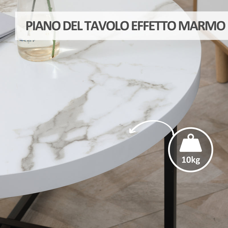 Tavolino da Caffè Rotondo con Piano Effetto Marmo Ø80x45 cm in MDF e Gambe  in Metallo Bianco