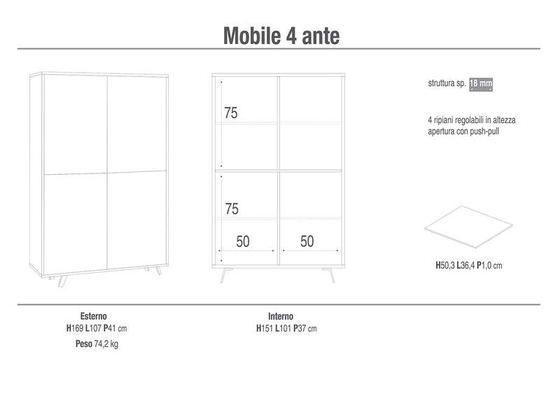 Mobile Multiuso 4 Ante 107x169x41 cm Ossido Bianco/Ossido Nero-2