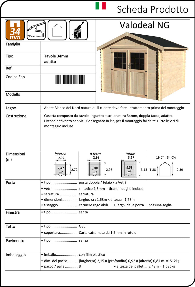 Casetta Box da Giardino per Attrezzi 2,98x2,98m Senza Pavimento in Legno Abete 34mm Valodeal NG-2