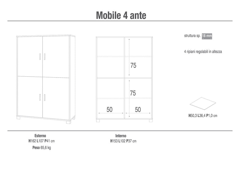 Armadio mobile multiuso con 4 ripiani. Armadi ufficio con 2 ante noce  stelvio, misure 182x71x41 cm.