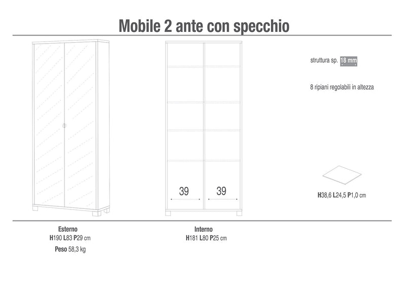 Armadio Multiuso 2 Ante con Specchio 83x190x29 cm Noce Stelvio