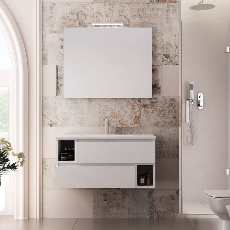 Mobile Bagno Sospeso 90 cm Lavabo e Specchio Bonussi Cassiopea Larice Bianco-2