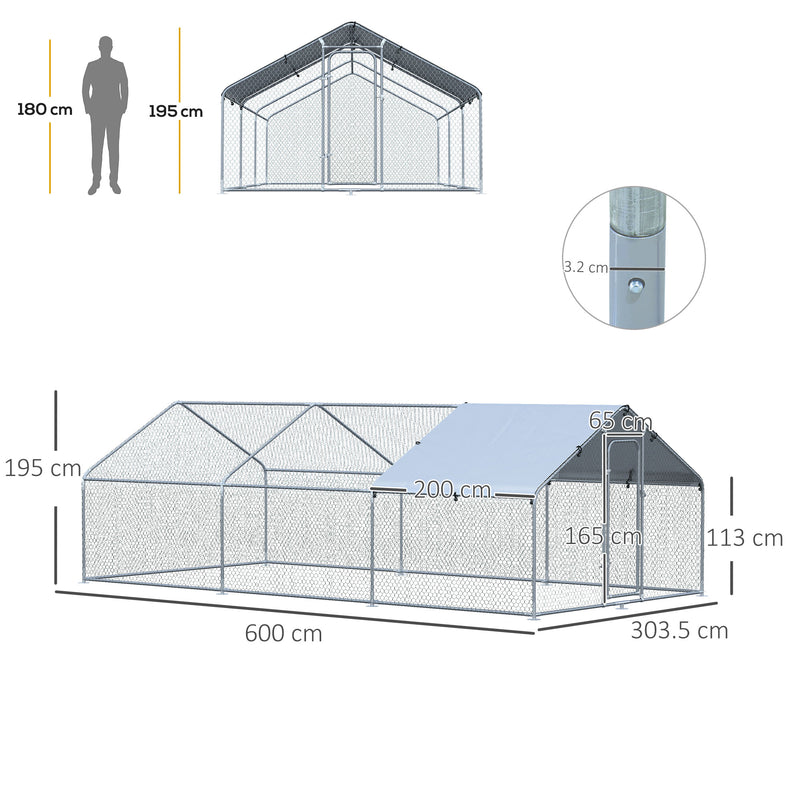 Pollaio Gabbia per Galline 600x303,5x195 cm in Metallo con Copertura in Tessuto Oxford Argento-3