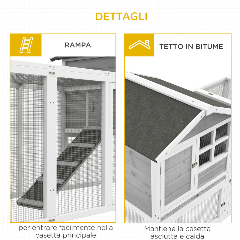 Gabbia per Conigli Conigliera 259x64x92 cm 2 Casette con Rampe Recintata in Legno Grigia-7