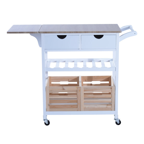 Carrello da Cucina Multifunzionale con 2 Ceste e Portabottiglie in Legno di Pino Bianco 70x40x86 cm acquista