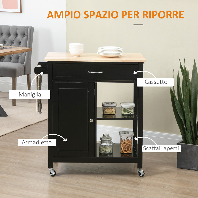 Carrello da Cucina 83x45x88 cm 1 Cassetto 1 Armadietto 2 Ripiani in MDF e Acciaio Nero-4