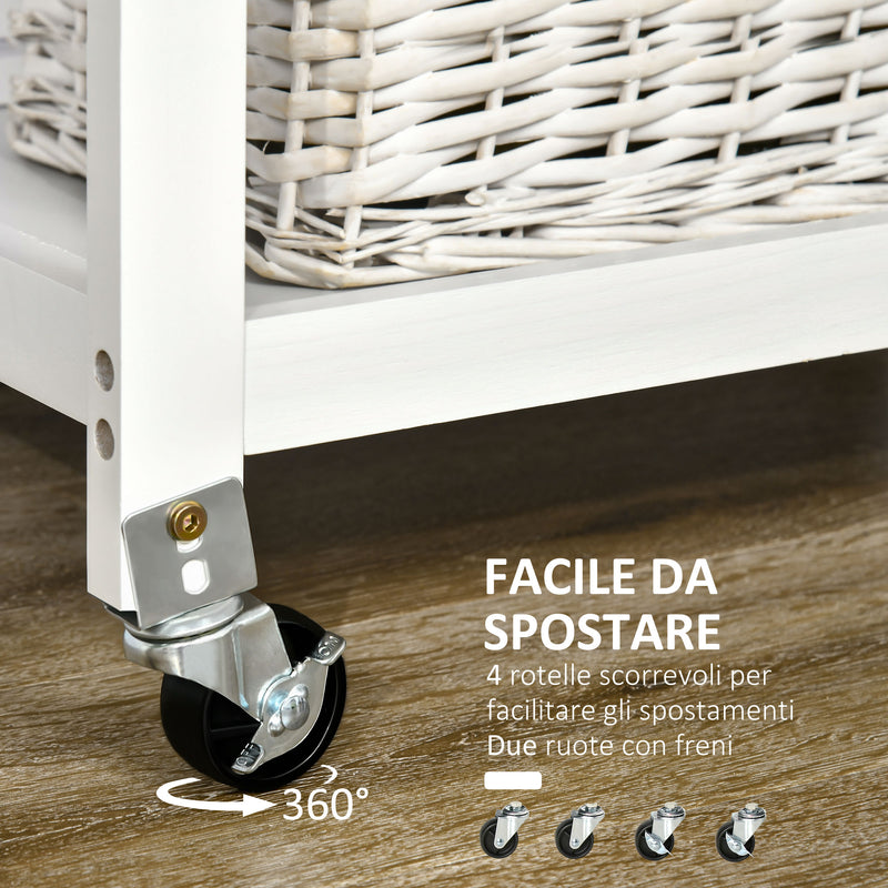 Carrello da Cucina 63x40x86 cm 1 Cassetto 2 Cestini in MDF e Legno Bianco-5