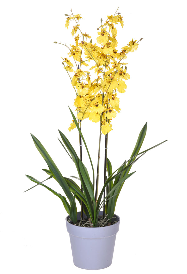 Orchidea Artificiali Oncidium a 3 Diramazioni con Vaso Altezza 45 cm Giallo sconto