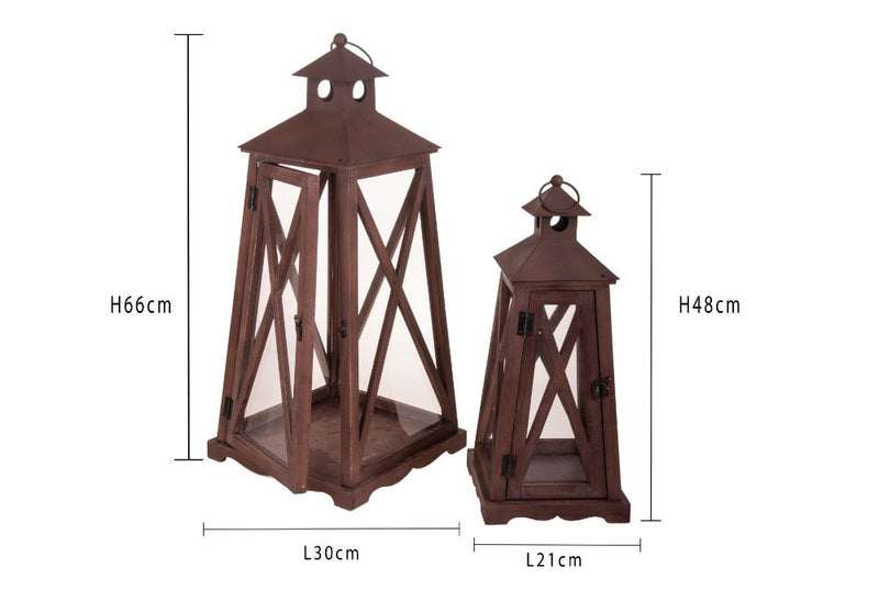 Set 2 Lanterne Decorative in Legno e Metallo Marrone-2