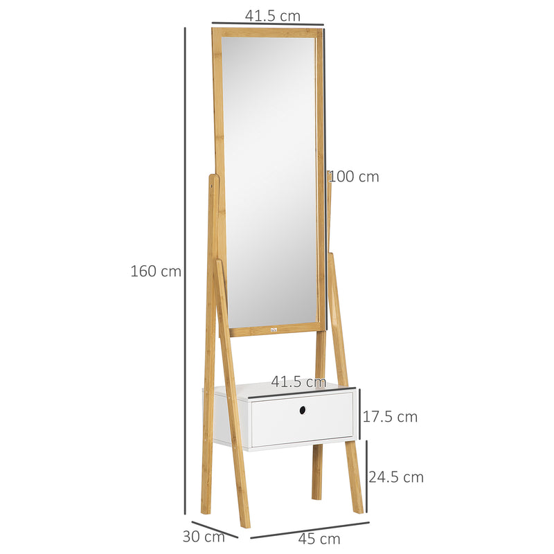 Specchio da Terra 45x30x160 cm con Cassetto in MDF e Bambù Bianco