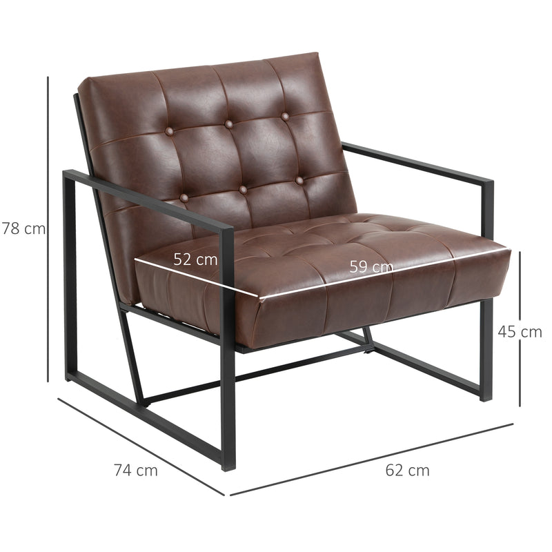 Poltrona Trapuntata a Bottoni Imbottita 62x74x78 cm in Metallo e Similpelle Marrone-3