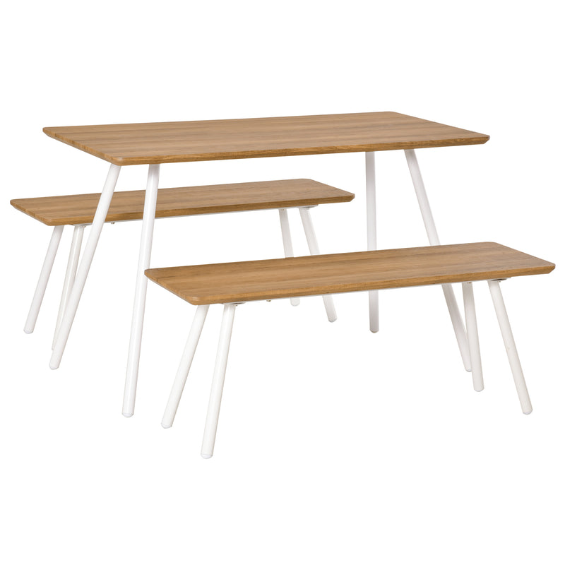 Set Tavolo da Pranzo con 2 Panche in MDF e Metallo Bianco-1