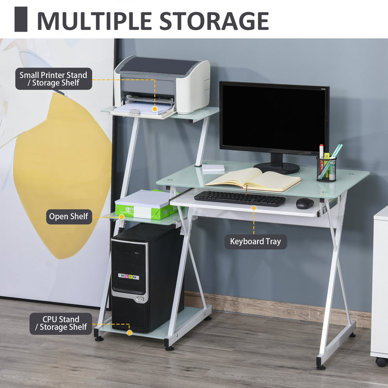 Scrivania da Ufficio Porta PC 116,5x54,5x100 cm con Mensole e Piano in Vetro  Bianca-5