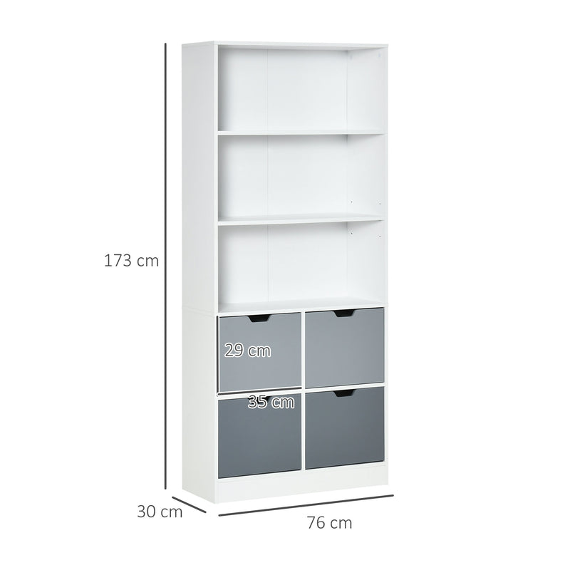 Libreria 4 Cassetti 3 Ripiani 76x30x173 cm in MDF e Truciolato Bianco e Grigio-3