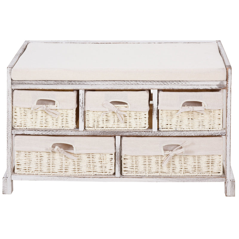 Cassettiera in Legno 80x37x45 cm con 5 Cassetti in Vimini  Beige-4