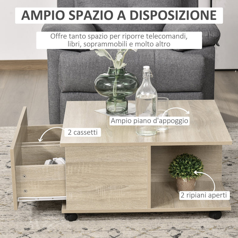 Tavolino da Caffè 2 Cassetto 2 Mensole 70x70x35 cm con Ruote in Legno –  acquista su Giordano Shop