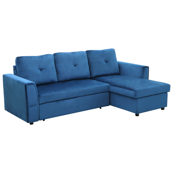 sconto Divano Letto 3 Posti con Chaise Longue Contenitore 232x141x85 cm in Tessuto Effetto Lino Blu