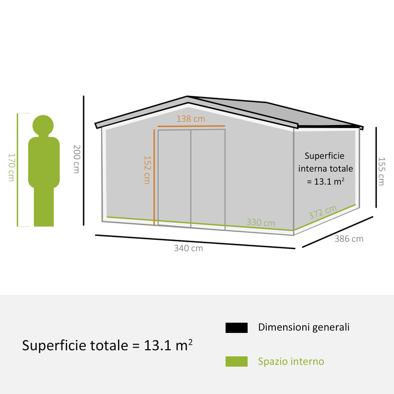 Casetta Box da Giardino 340x386x200 cm in Acciaio e Polipropilene Verde-3