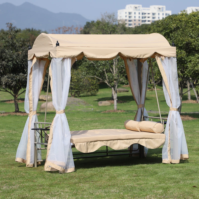 Dondolo da Giardino 3 Posti con Gazebo e Zanzariera 206x119x207 cm  Beige-5