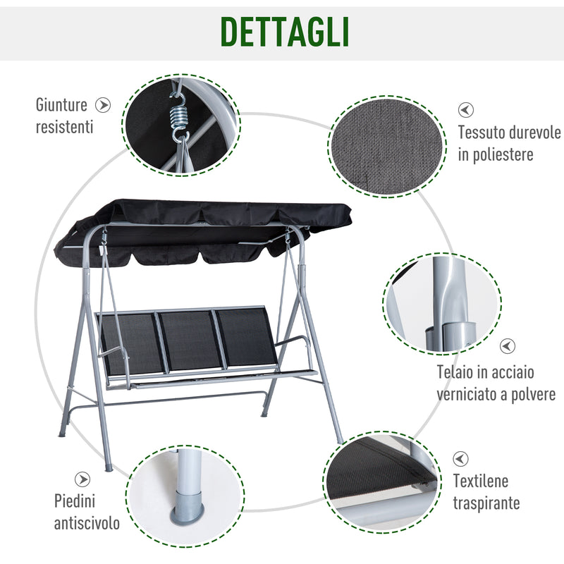 Dondolo 3 Posti da Giardino 170x110x153 cm in Acciaio Nero e Argento-6