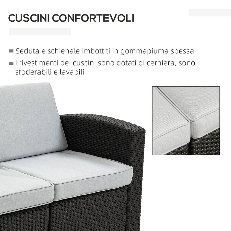 Divano da Giardino 141x71x75 cm in Polipropilene Effetto Rattan Grigio e Nero-4