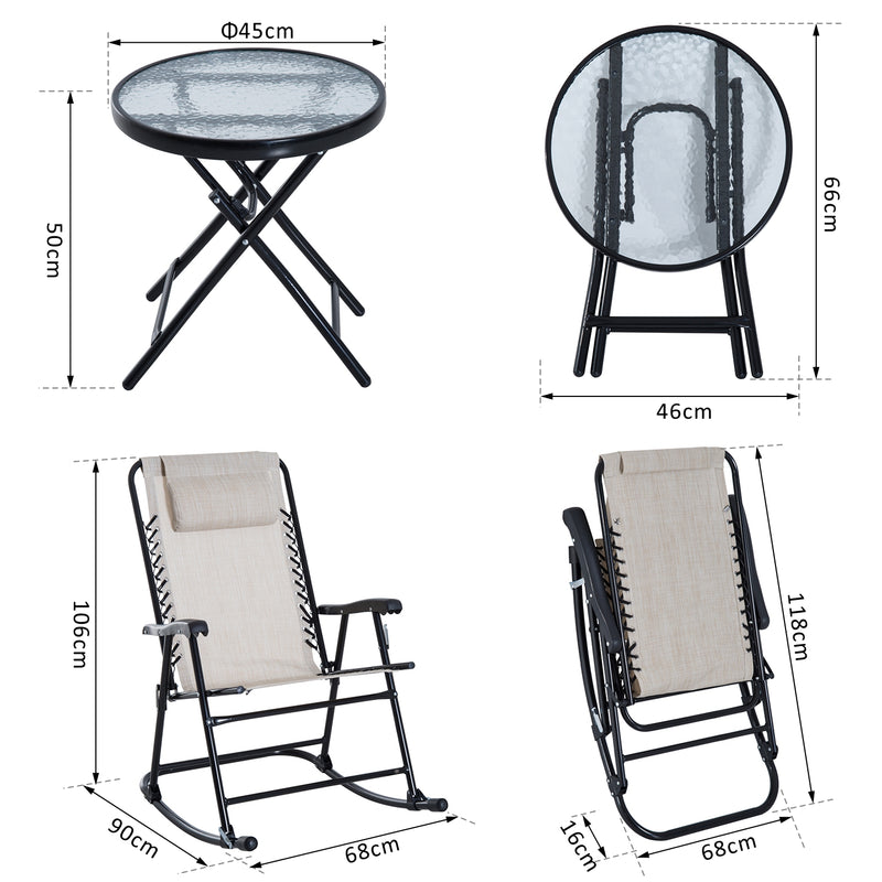 Set Tavolino e 2 Sedie a Dondolo Pieghevoli da Giardino in Textilene Beige -3