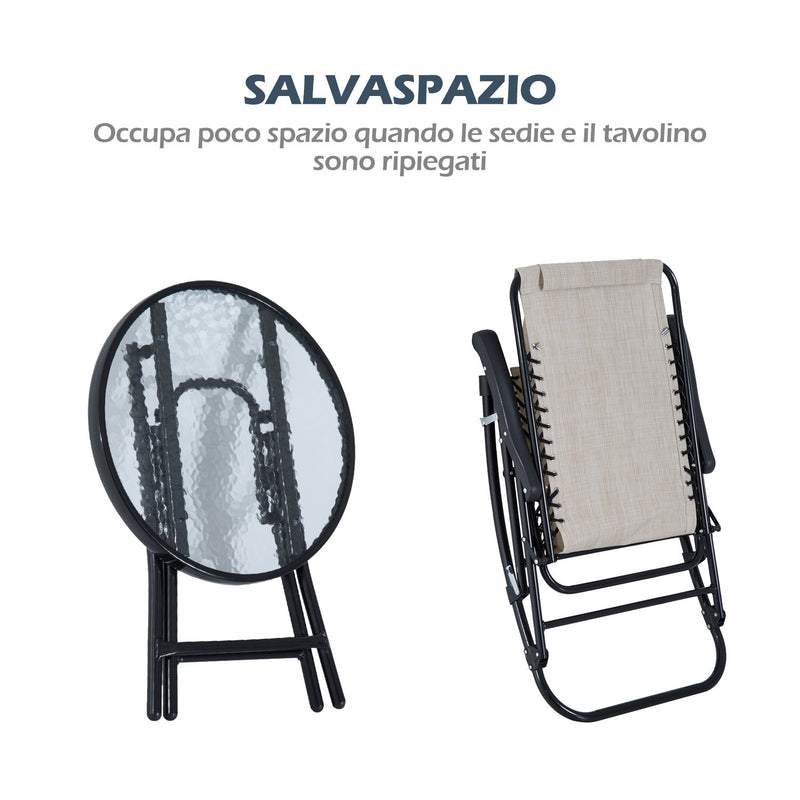 Set Tavolino e 2 Sedie a Dondolo Pieghevoli da Giardino in Textilene Beige -5