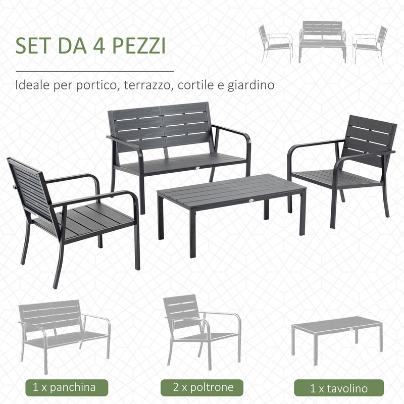 Set Salotto da Giardino Divano 2 Poltrone e Tavolino in Acciaio e HDPE Caffè-4