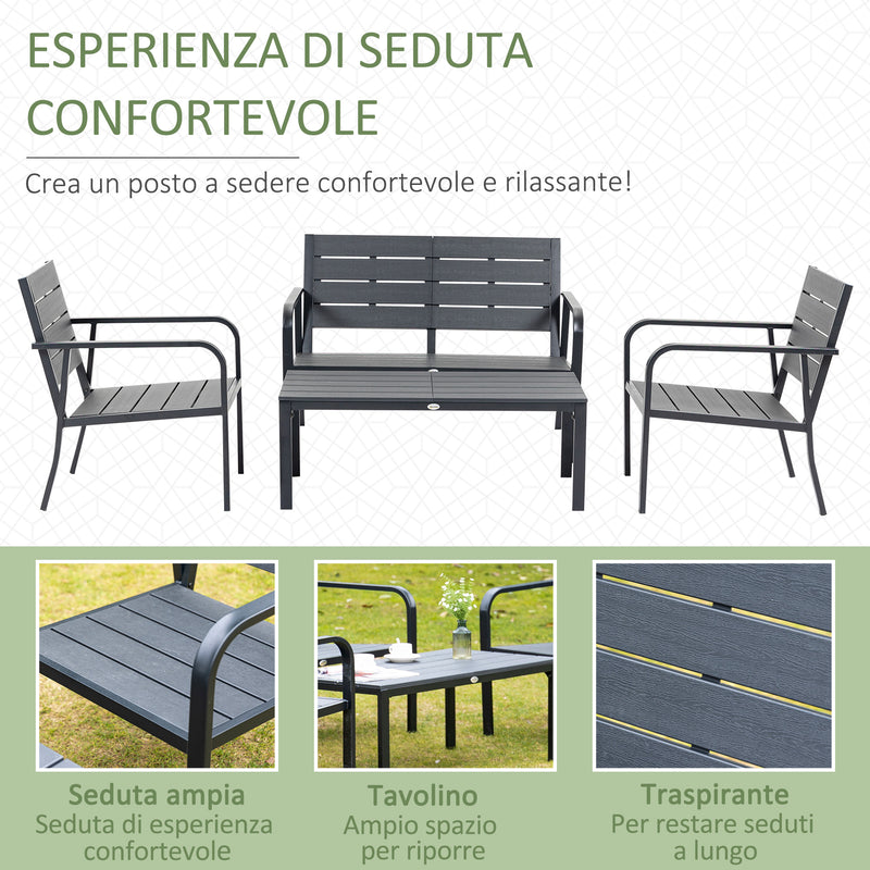 Set Salotto da Giardino Divano 2 Poltrone e Tavolino in Acciaio e HDPE Caffè-5