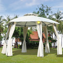 Gazebo da Giardino Ø3.6x2.7m in Metallo Doppio Tetto e Tende Beige -2