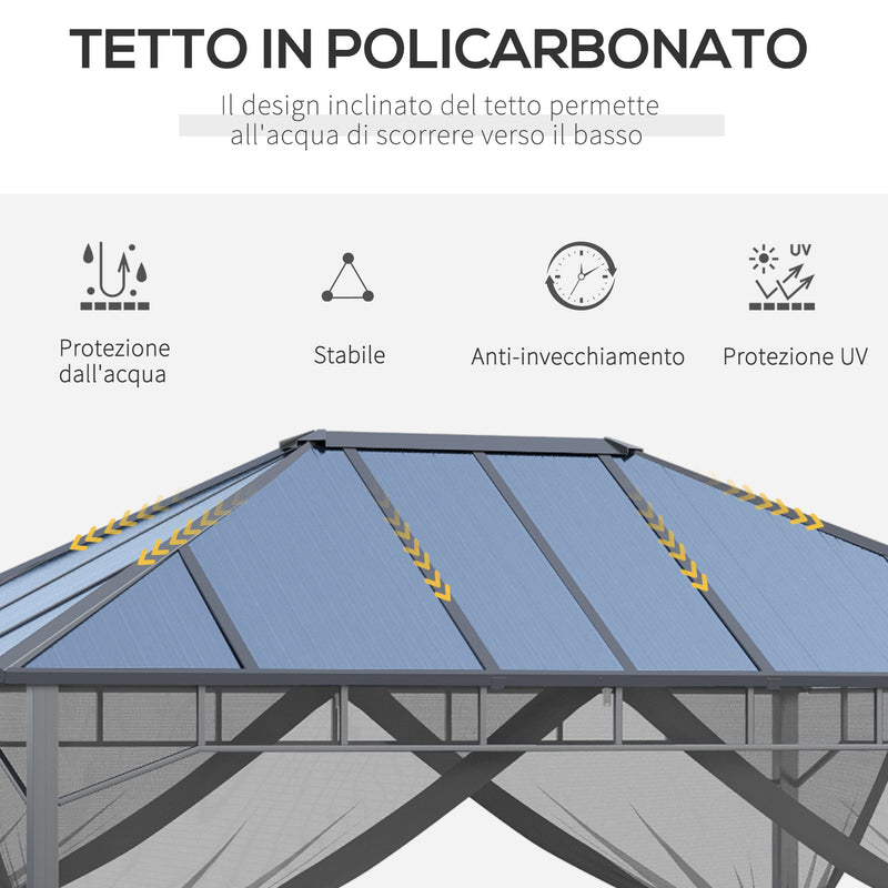 Il numero 1 del risparmio-GAZEBO DA GIARDINO CON ZANZARIERE E TETTUCCIO IN  POLICARBONATO 4 X 3 M GRIGIO