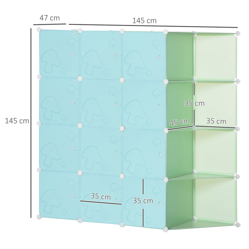 Scarpiera Modulare 145x47x145 cm 16 Cubi in Acciaio Verde e Azzurro-3