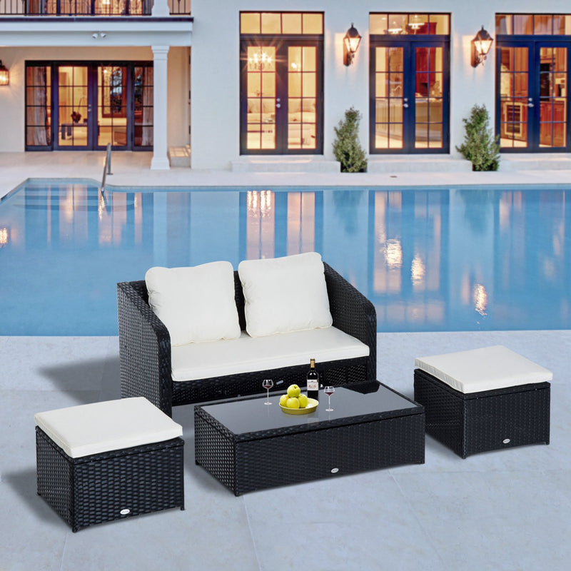 Set Salotto da Giardino in Rattan Sintetico Divano Pouf e Tavolino con  Cuscini Nero