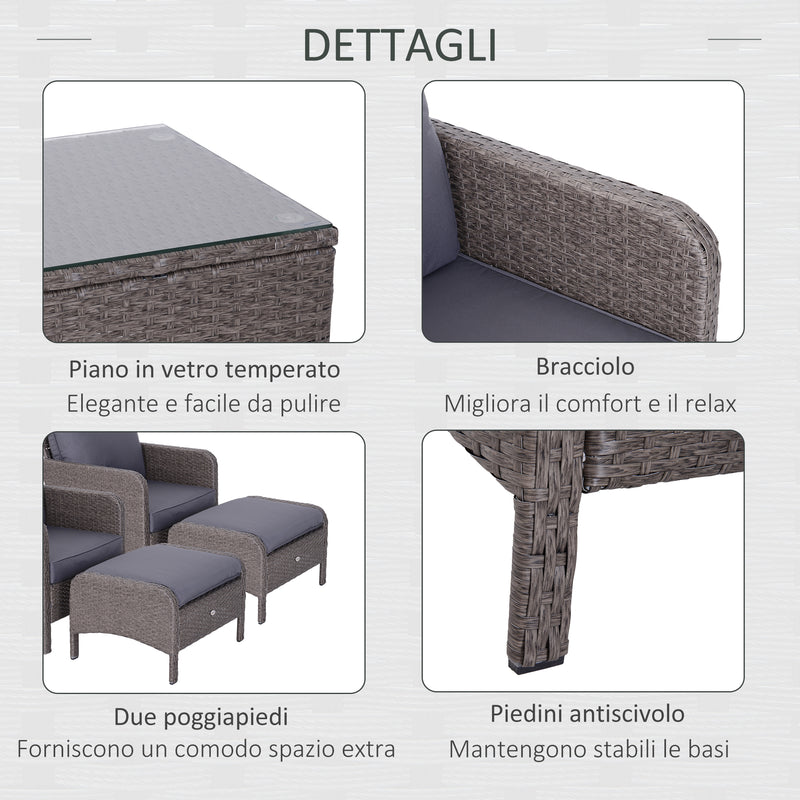 Set Salotto da Giardino in Rattan Sintetico 2 Divani 2 Pouf e Tavolino Grigio -6