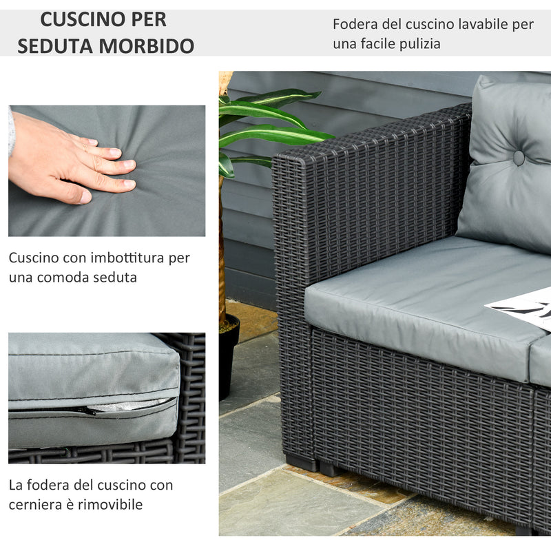 Set da Giardino Divano 3 Posti e Poggiapiedi in Rattan PE Nero e Grigio-7