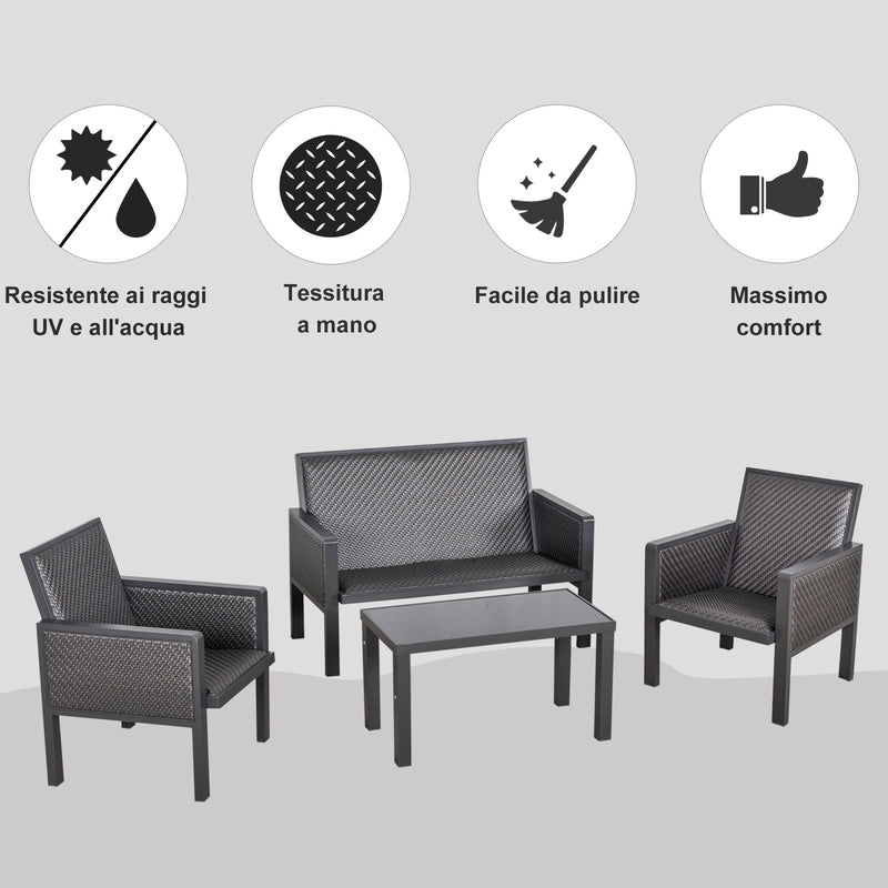 Set Salotto da Giardino Divano 2 Poltrone e Tavolino in Rattan Grigio-5