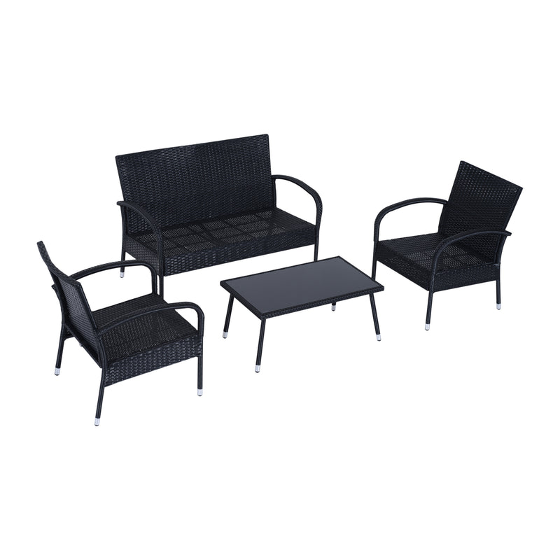 Set Salotto da Giardino in Rattan Sintetico Divano 2 Poltrone e Tavolino Nero -5